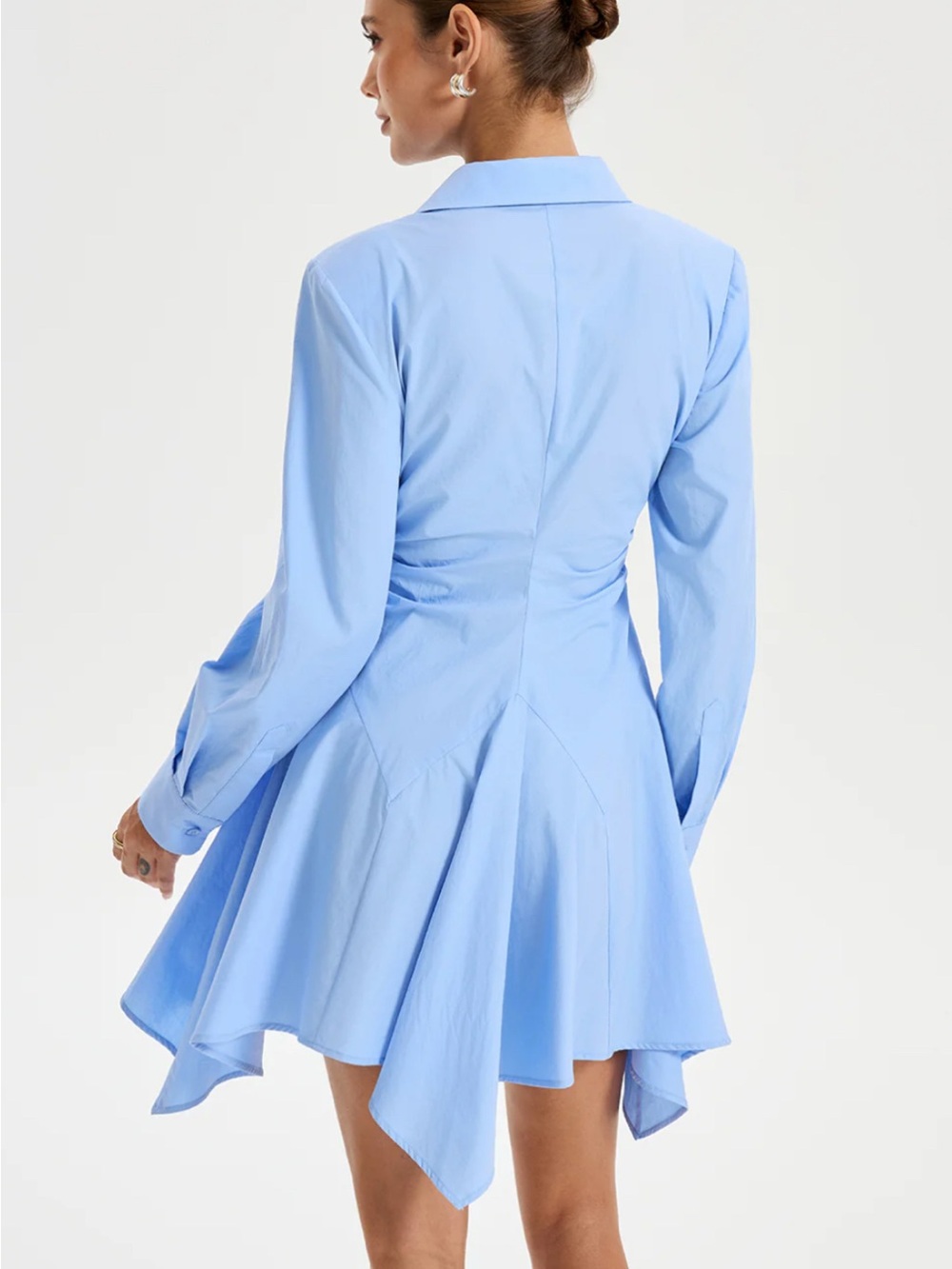 NWT Commense Asymmetric Hem Ruched Button-Up Blue Shirt Dress - Picture 6 of 12